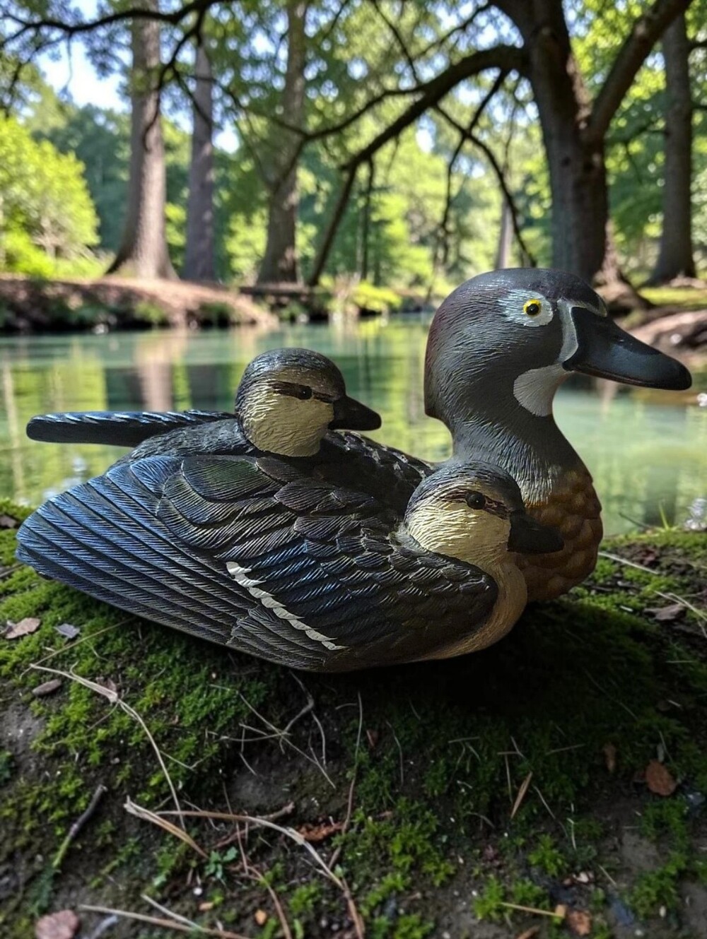 Vintage Wood Duck Hen W/Chicks Hand-painted Sculpture, Glass Eyes, JB Garton